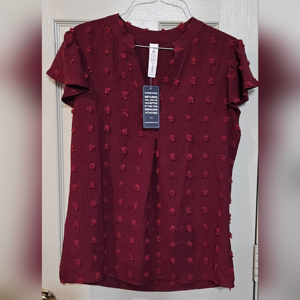 Ruffled Sleeve Maroon Blouse with Mandarin Collar